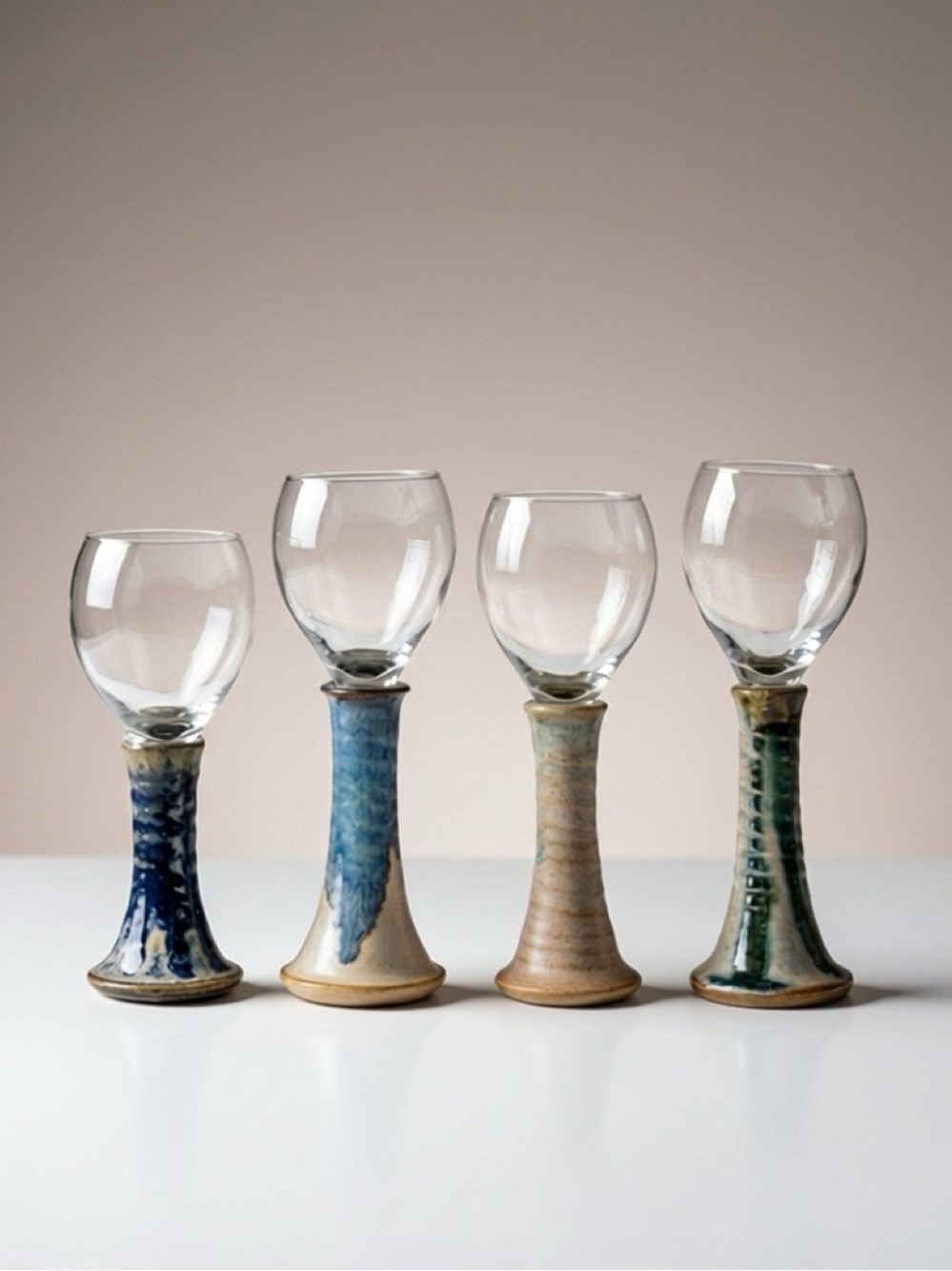 HAND-THROWN‎ STUDIO POTTERY WINE GLASSES/GOBLETS SET/4 BOHO MCM COASTAL GRANDMA